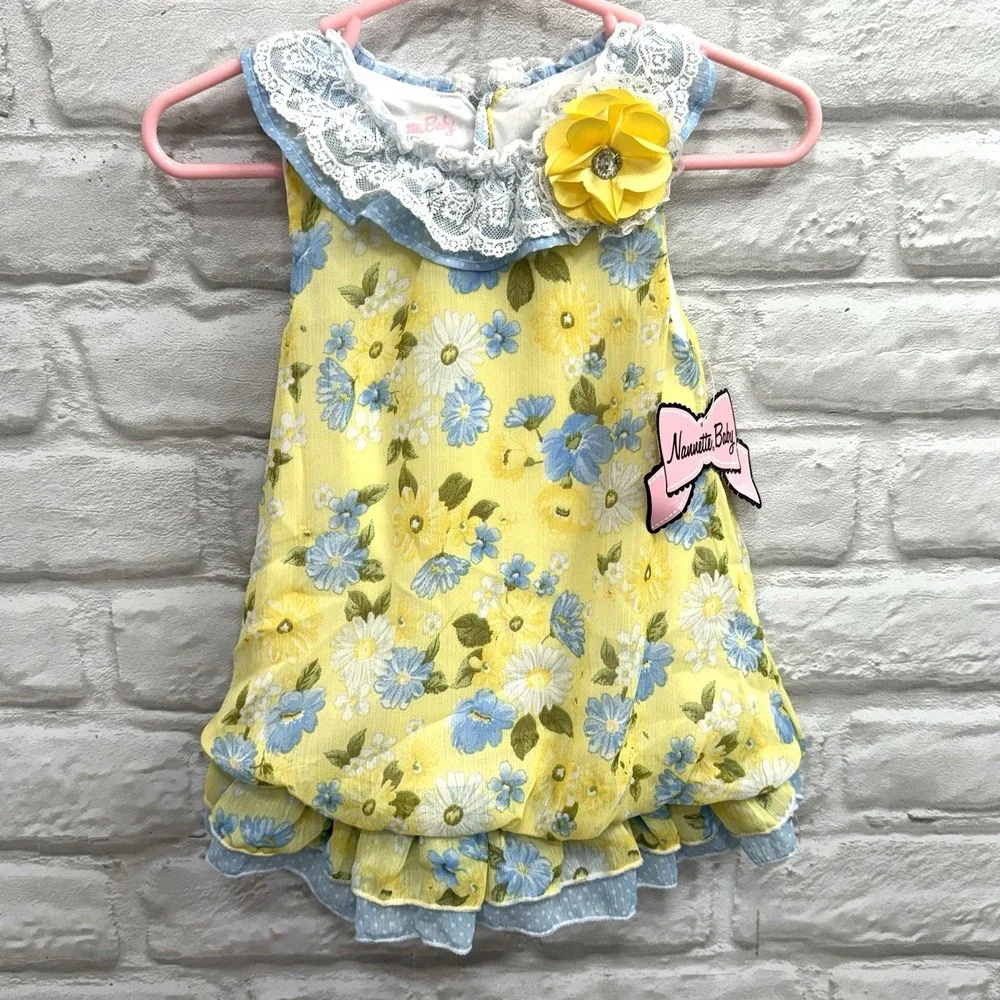 New Nannette Floral Yellow Dress Pink 18m  Baby Girls Lace Ruffled Summer Dress‎